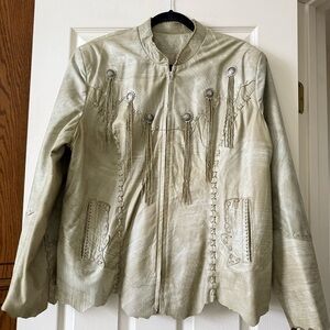 Tribe America Western Leather Jacket Women 16 Fringe Native American USA Green